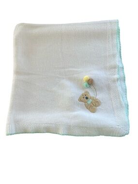 Vintage All Mine Baby Receiving Blanket White Teddy Bear Pom Poms Acrylic 80s